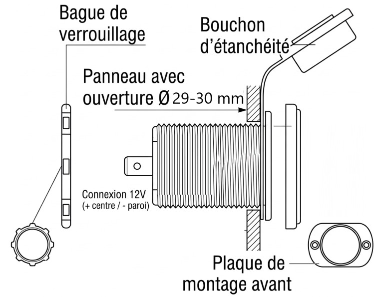 "Schéma de montage prise allume-cigare 12V - vue éclatée avec bague de verrouillage, plaque de montage"